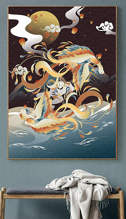 棕色旋转彩色凤凰新中式装饰画国潮古风传统古典海报