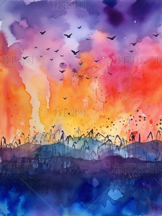 水彩画天空和海鸥的抽象画紫罗兰和橙色风格地平下载-编号29994128