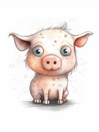 可爱的小猪手绘插画圆润的铅笔画小猪可爱的大身躯穿着衬衫白色纯色背景带纹理