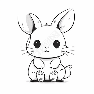 可爱兔子卡通风格黑白一笔画白底图