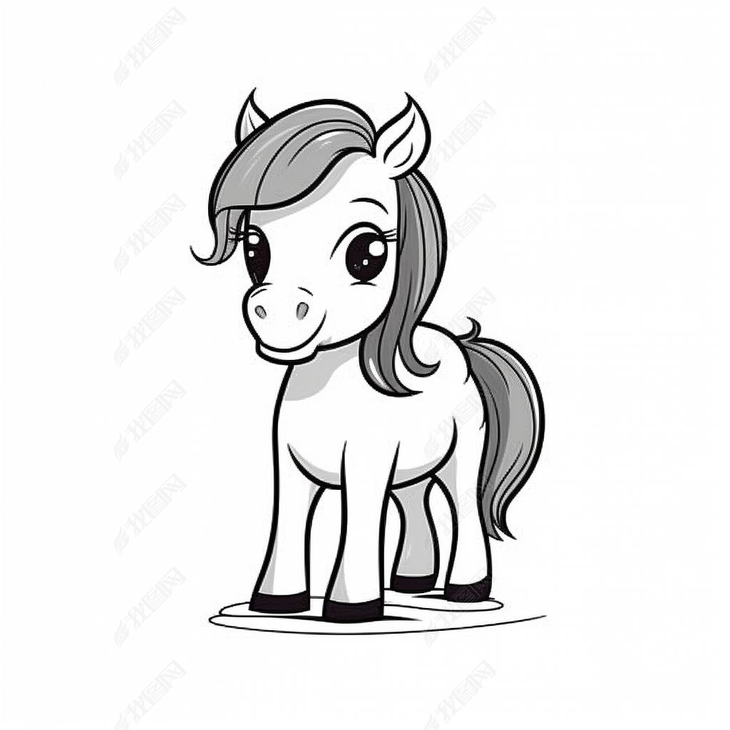 黑白马儿卡通风格简笔画白底