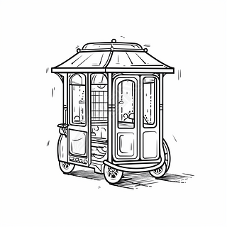卡通风格的可爱轿子黑白色调单线描绘白色背景