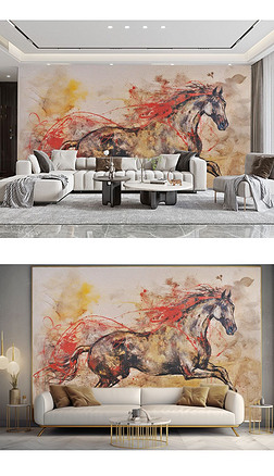 现代简约艺术红色恶魔战马电视沙发背景墙墙纸壁画
