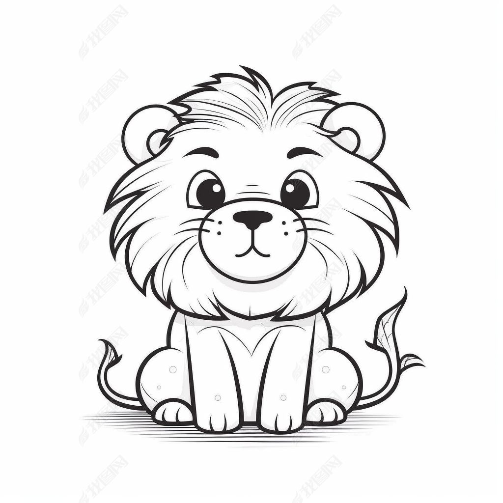 可爱卡通风格黑白狮子一笔画白色背景