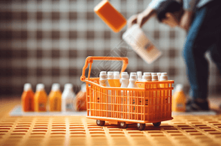 购物篮里的橙色牛奶瓶，以Samyang AF 14mm f/28 RF风格摆放，灵感来自Pop Art，Werkstätte，Grid和Sabattier滤镜