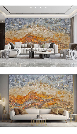 现代艺术橘红色马赛克山水电视沙发背景墙墙纸壁画
