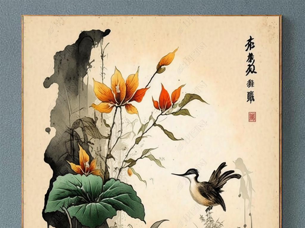 Chinese Brush Painting of Gourd Flower Bird and Landscape