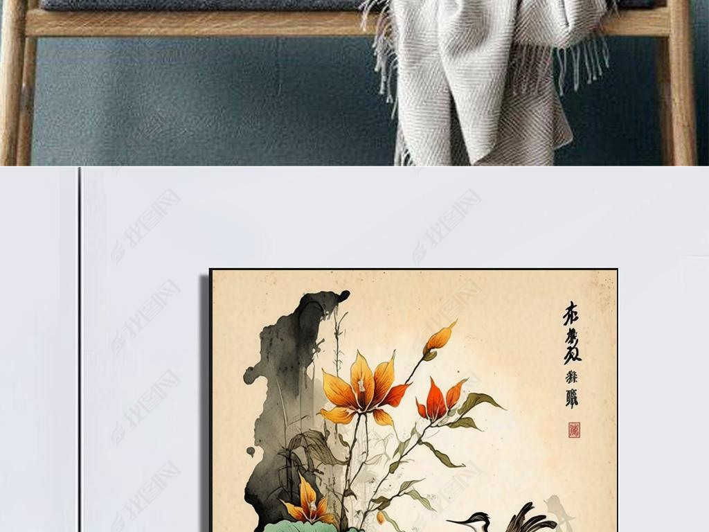 Chinese Brush Painting of Gourd Flower Bird and Landscape