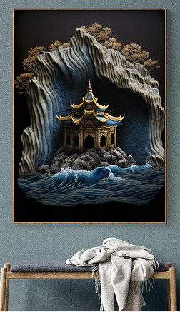 手工绣制的小寺庙风景画风格独特金色和蓝色交织具有照片般的逼真细节