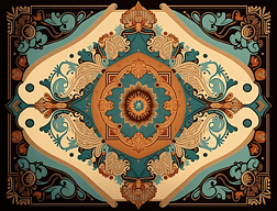 印度式艺术布料曼德勒地毯风格迷幻插图浅橙色和深碧绿色