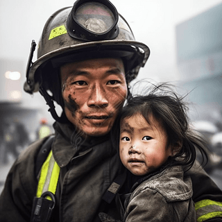 中国消防英雄救出小女孩黑色炭灰覆盖他的脸颊