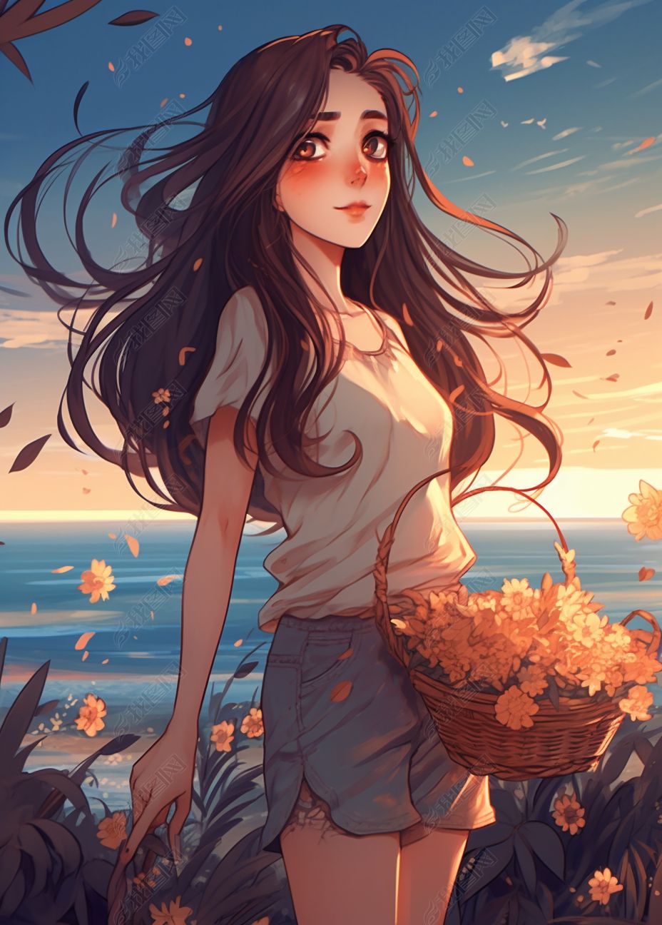 可爱长发少女手持花篮星星美术风格海滩肖像2d游戏动态图象工笔淡琥珀