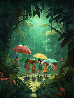 彩色动画孩子们在雨中撑伞玩游戏