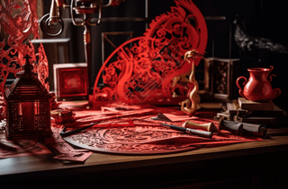 红色中式剪纸手工艺品摄影商业广告素材独特奢华的餐桌布置多层次的设计细腻的纹理照片库存