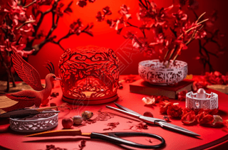华丽的中式红色剪纸工艺多层次设计超凡脱俗精致细腻的墨水画烈焰核心明亮的灯光商业广告摄影库存照片