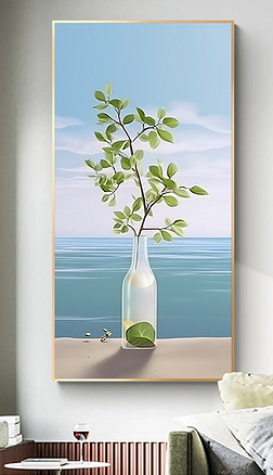 小清新现代简约装饰画湖面瓶子绿色植物玄关装饰画