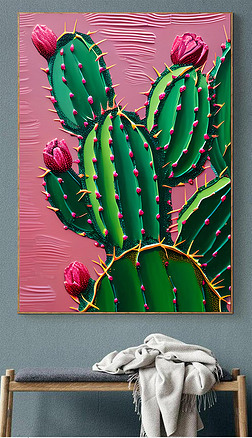 粉绿色加州仙人掌油画肌理装饰画