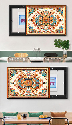 印度风格的曼德勒地毯迷幻插图风格浅橘色和深绿色艺术新风格装饰奢华面料浅米黄和棕色塔罗牌卡牌面料使用