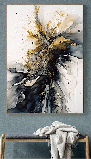 现代简约泼墨彩色碎金烁金发光抽象轻奢装饰画