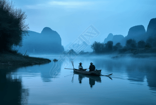 浪漫田园风景中国农村风光船上二人天空淡蓝与黑色交织