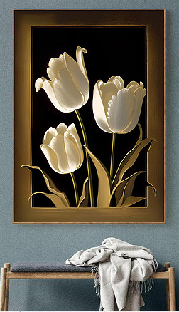 白色郁金香金色底黑边Ernst Haas风格的明暗对比肖像画 Debbie Criswell温柔表情与图案Rosa Bonheur的图案
