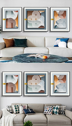 现代简约抽象几何线条客厅沙发镀银三联装饰画