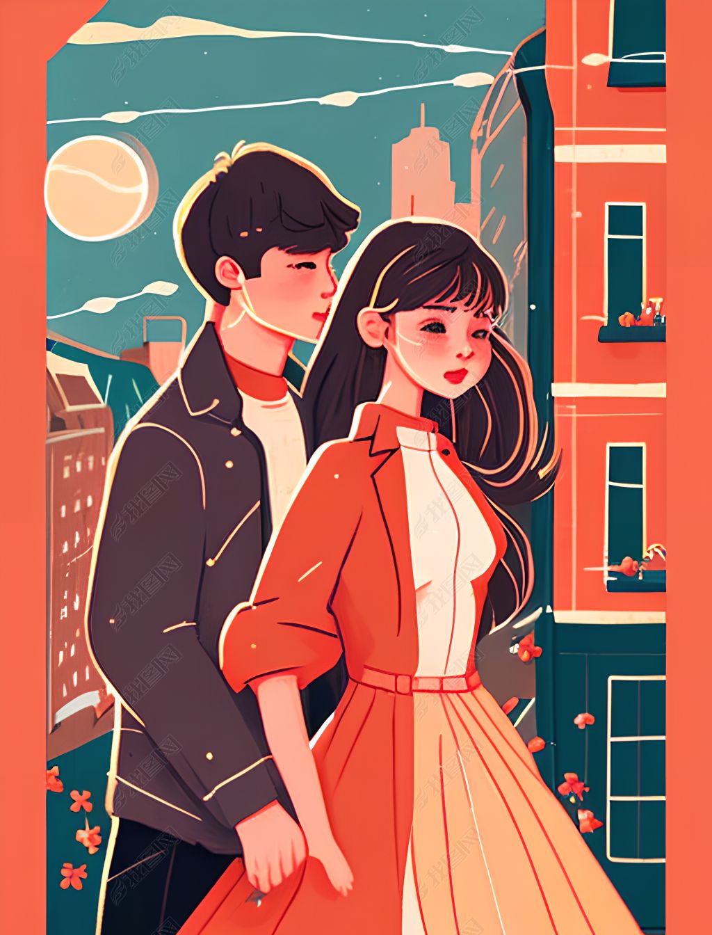 城市中的动漫情侣插画秋声仙风格女性贴纸艺术1960年代近景数字插画