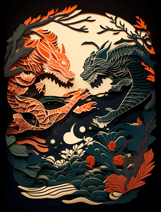 Chinese Mythology Dragon and Tiger Battle Paper Illustration廭ͼ