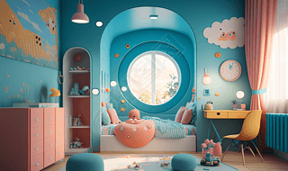 青蓝色儿童卧室装饰精致的卡通风格高清摄影图