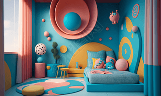 彩色动画风格的小飞岳蓝色和粉色儿童卧室高清摄影图