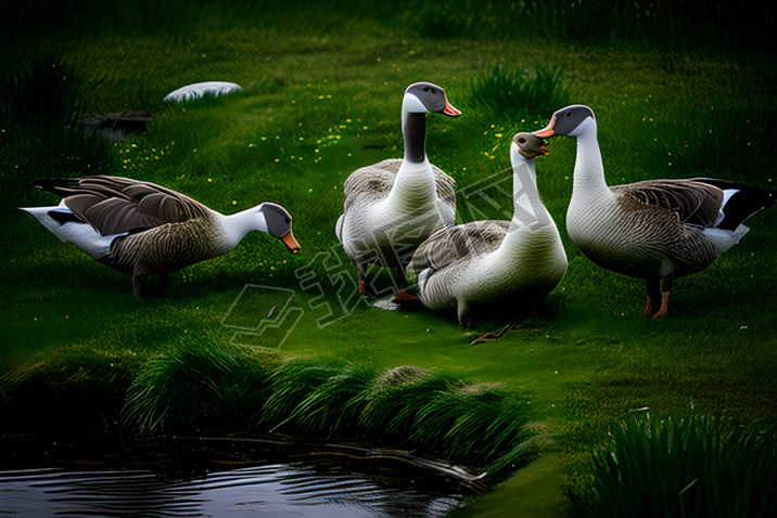 四只鹅在草地上觅食，Børge Bredenbekk 风格，Pentax K1000，超高清图片，Sigma 85mm f/14 DG HSM ART，动物和人类，湿漉漉