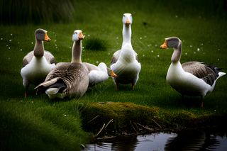 Børge Bredenbekk 风格下的四只鹅觅食，Pentax K1000，UHD 图片，Sigma 85mm f/14 DG HSM ART，动物与人类，湿漉漉的场景，