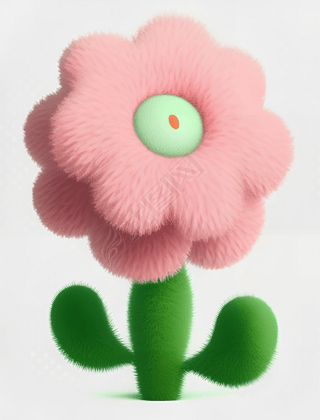 大粉色花朵动画png剪贴画毛茸艺术风格时髦美学质感丰富浅绿色可爱的玩具雕塑交叉处理Mote Kei3D元素立体