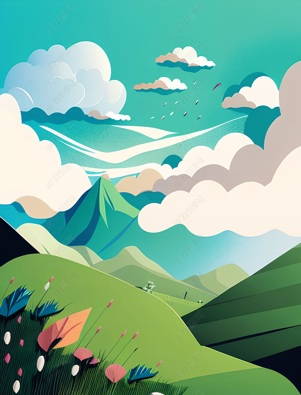 原创山水动画壁纸云海青山仙境仙山插画插图-版权可商用