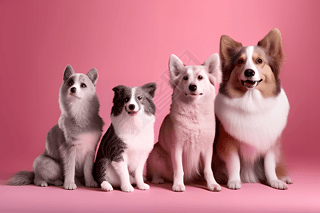 可爱的四只狗在粉色背景上摆姿势高清摄影图