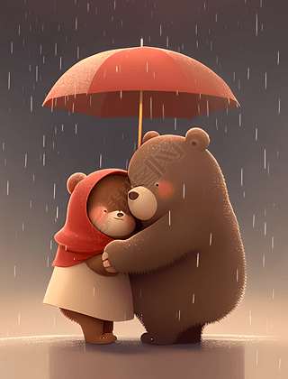 暖心插画两只熊在红伞下拥抱元素