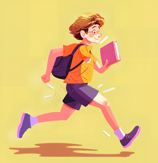 运动的男孩背景下拿着书和笔记本卡通写实风格动画gif强烈阴影学生生活方式鲜艳的色块统一化的图像元素