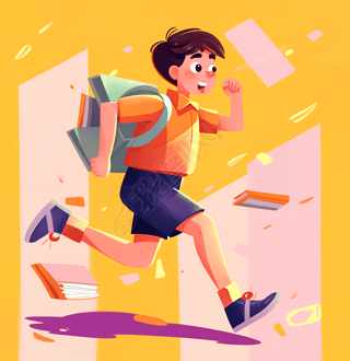 学生生活中的快乐时光男孩手持书本和笔记本奔跑元素