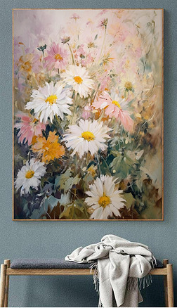 北欧风抽象花卉油画肌理装饰画