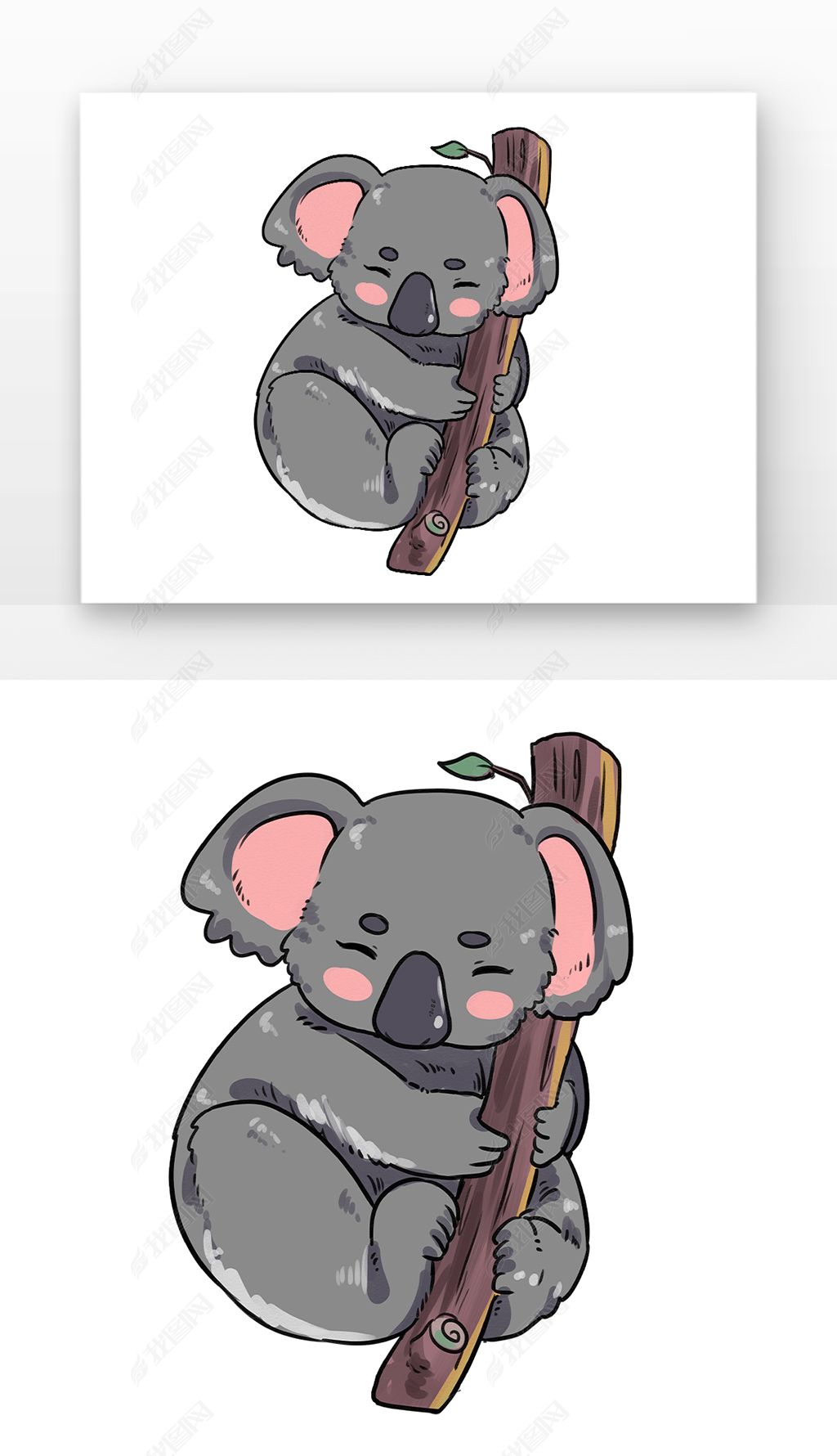 原创灰色树袋熊抱树眯眯眼休息元素-版权可商用