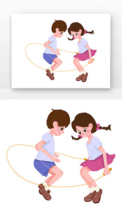 蓝红色系男孩女孩一起跳小孩跳绳