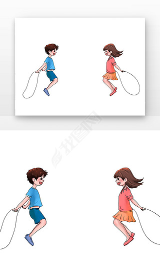 粉色短袖女孩蓝色短袖短裤男孩面对面跳绳元素