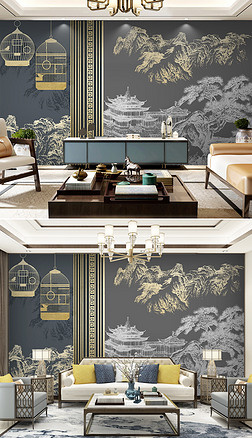 新中式轻奢古典建筑国画金山鸟笼背景墙壁画