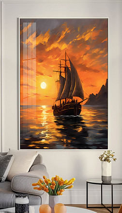 手绘夕阳帆船客厅玄关装饰画二