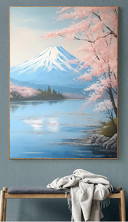 日式樱花富士山装饰画肌理画