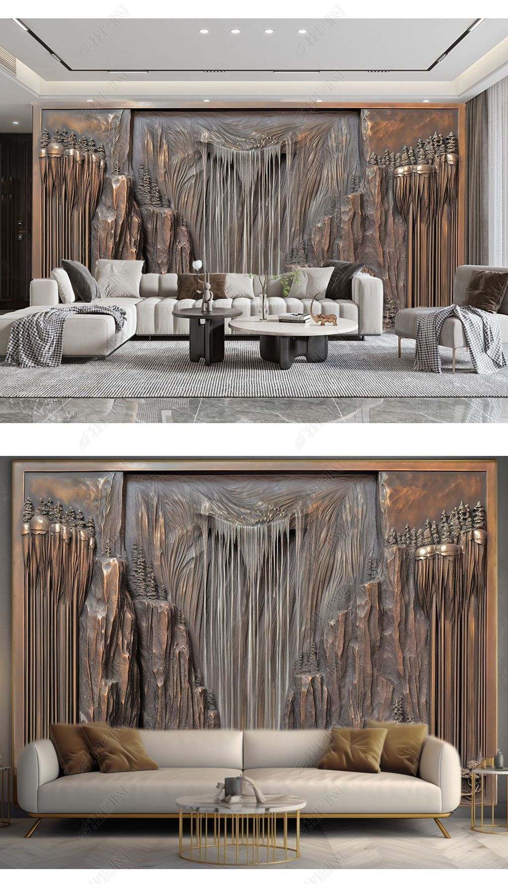现代中式抽象瀑布高山流水靠山浮雕电视沙发背景墙