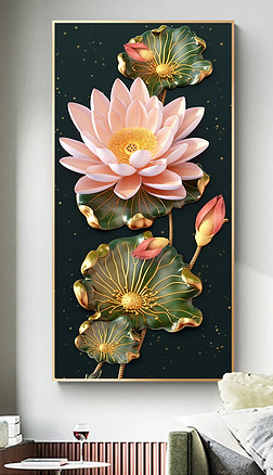 玄关3d复古植物花卉荷花油画立体画装饰画