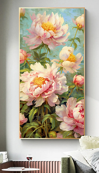 现代手绘写实唯美粉色牡丹花花卉油画装饰画