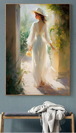 荷绿白色长裙女人油画装饰画