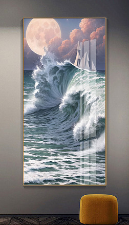 原创一帆风顺海浪玄关装饰画复古手绘帆船油画(2)
